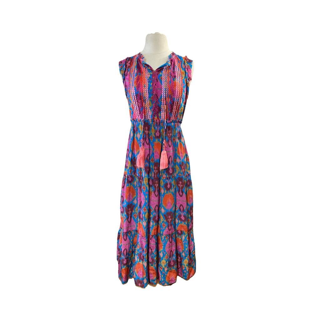 Figue Clara Tiered Midi Dress Sz‎ M Colorful embroidered Boho Cottagecore